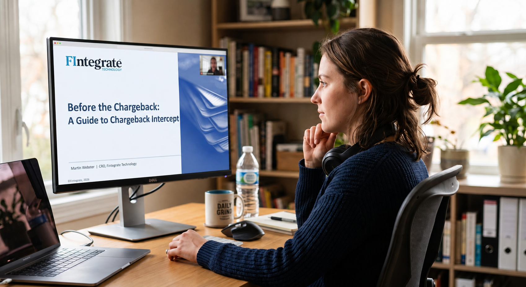 Credit union staff member watching the Reg E dispute webinar on Chargeback Intercept