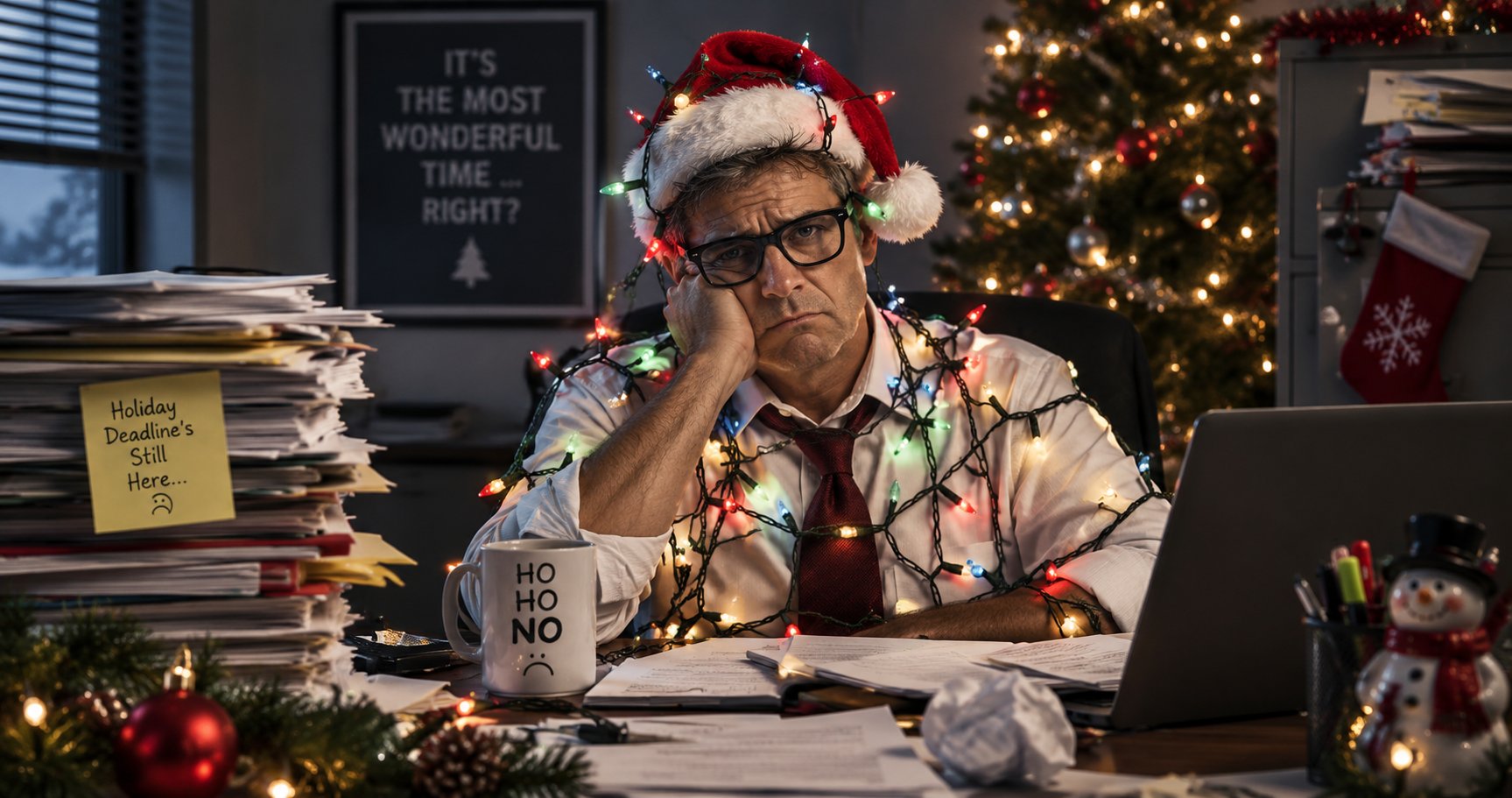 Bank operations manager tangled in holiday lights at a desk piled with dispute paperwork, holding a "Ho Ho No" mug